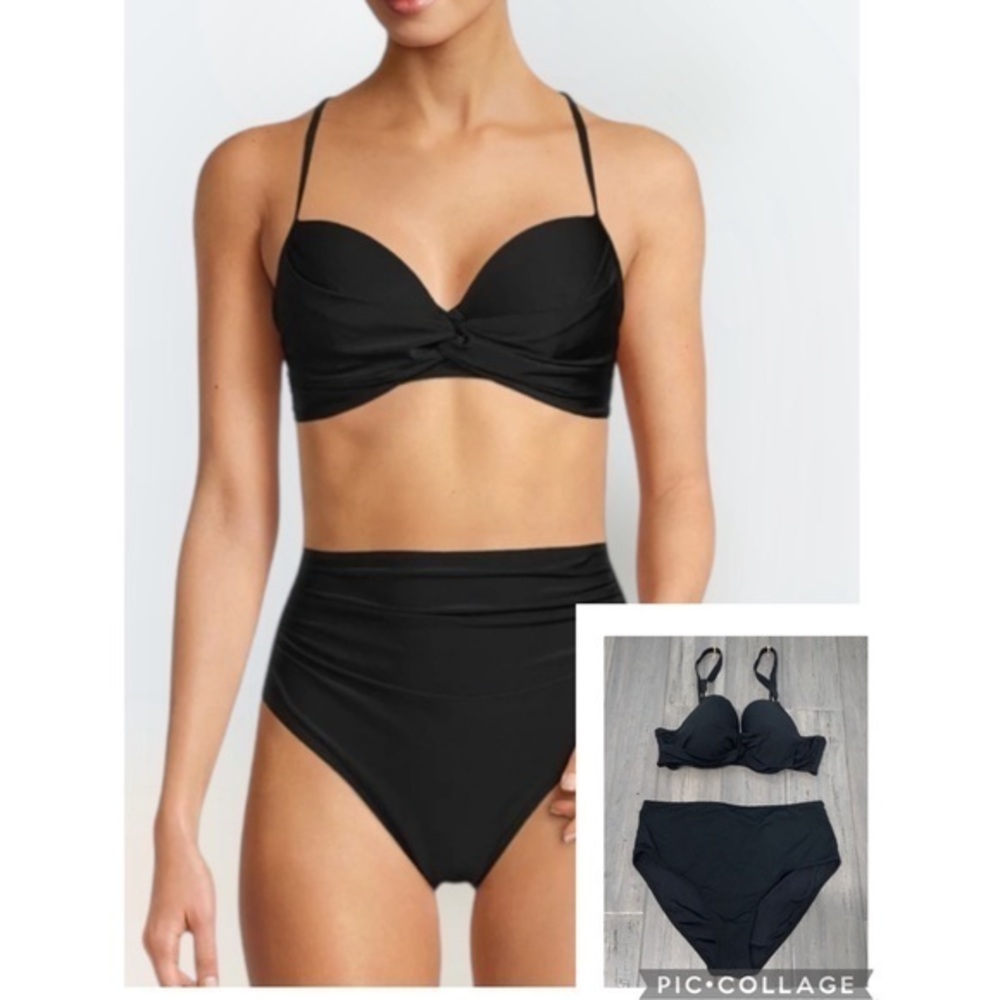Catherine Malandrino Women's Twist Top High Waist Bottom Black Bikini Swimsuit L